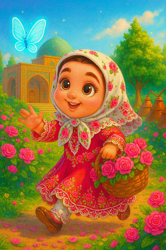 تصویرسازی دختربچه خندان همراه با سبد گل محمدی